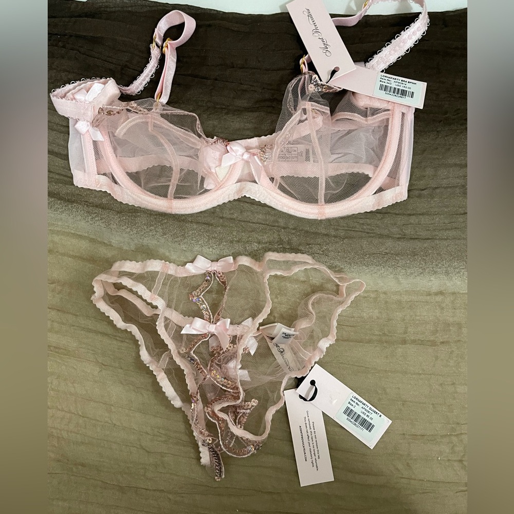 Agent Provocateur Sheer Pink Lace Underwire Bra & Ruffle Thong Set
